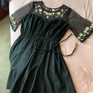 True Destiny Black Embroidered Bell Sleeve Dress